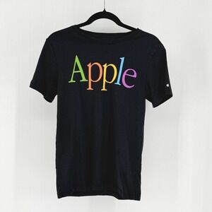 VTG Apple Campus T-Shirt Black Rainbow Graphic Logo Tech XS Y2k Single stitch